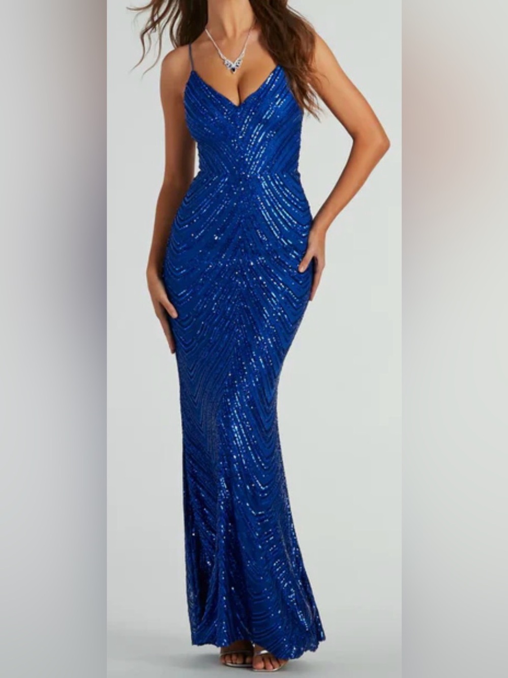 WINDSOR SZ S Royal Blue May V-Necked Mermaid Sequins Long Formal Party Dress